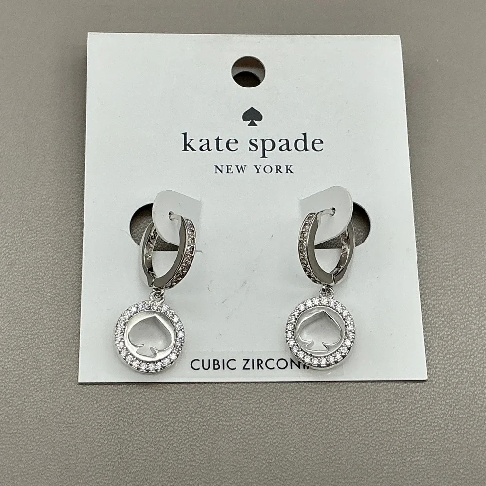 Kate Spade New York Earrings Women Silver Tone Cubic Zirconia Spade Logo Huggie
